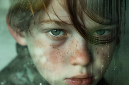 Close up of a seven year old boy with red hair and freckles seen through a window with vertical rain marks, his eyes looking straightの素材
