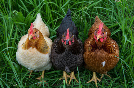 Three chickens on the grassの写真素材