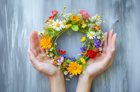 Hands holding floral wreathの写真素材