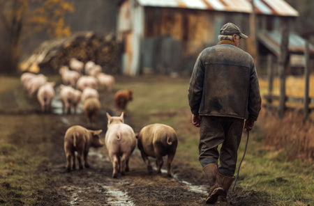 Farmer herding pigsの写真素材
