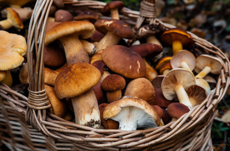 Wicker basket with forest mushroomsの写真素材