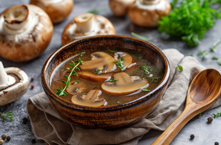 Mushroom soup in bowlの写真素材