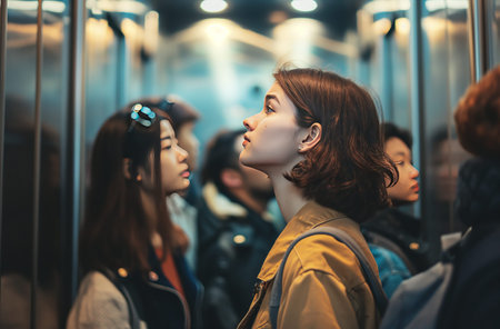 Commuters inside crowded elevator