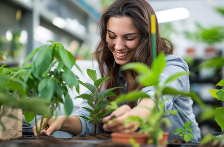 Woman gardening in greenhouse