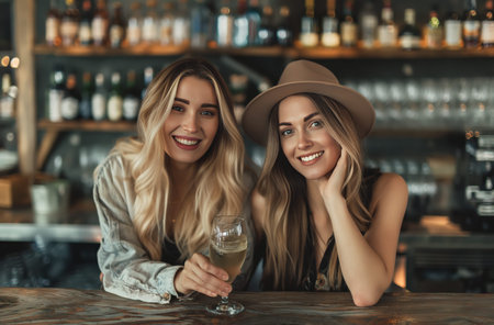 Women enjoying drinks at barの素材