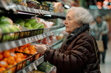 Elderly woman selecting citrus fruitの素材