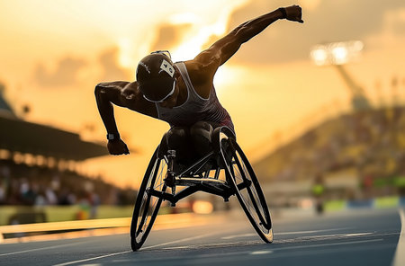 Wheelchair racing athlete in motionの素材