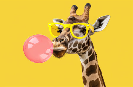 Giraffe blowing pink bubbleの素材