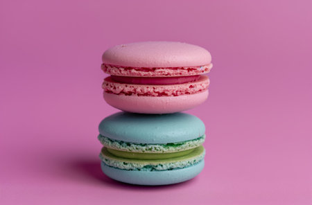 Stacked macarons on pink surfaceの素材