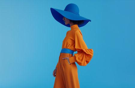 Elegant woman in blue hatの素材