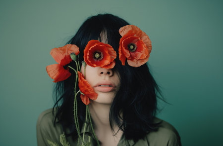 Woman with poppies over eyesの素材