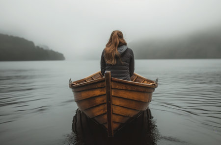 Woman rows through fogの素材