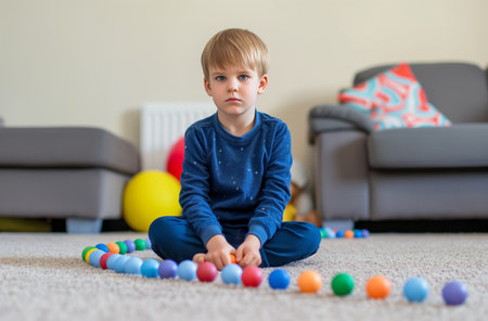 Autistic boy organizing colored ballsの素材