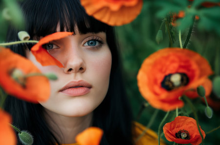 Woman peering through poppiesの素材