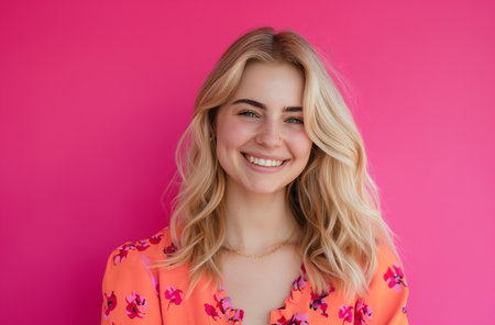 Happy woman in floral shirtの素材