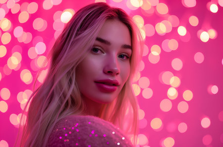 Young woman in pink bokeh lightの素材