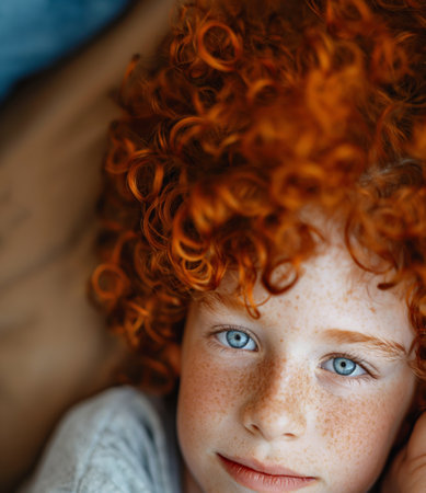 Young boy with red curlsの素材