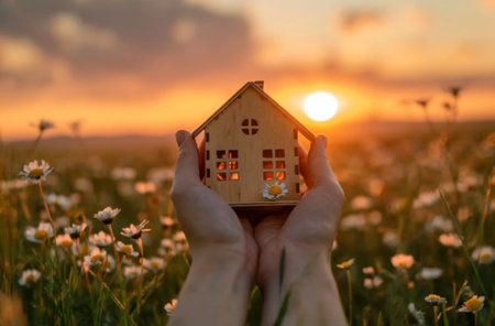 Wooden house model at sunriseの素材