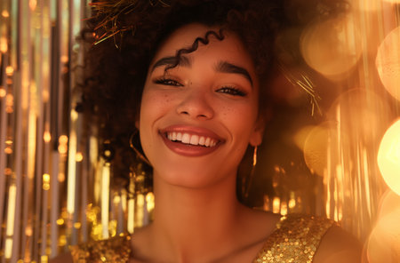 Joyful woman in festive settingの素材