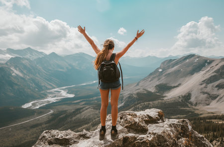 Hiker celebrating mountain summitの素材
