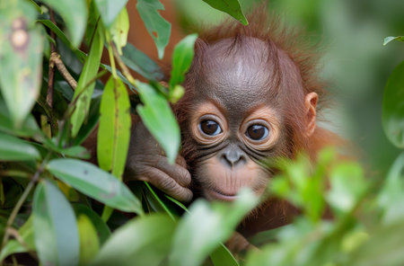 Juvenile orangutan in green foliageの素材