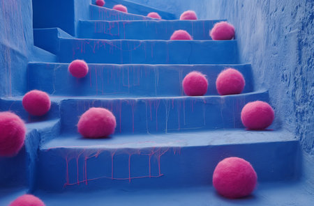 Pink wool balls on blue stepsの素材
