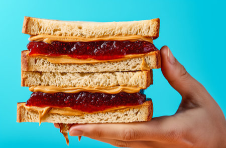 Hand holding peanut butter sandwichの素材
