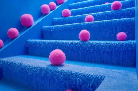 Blue stairs with pink wool ballsの素材