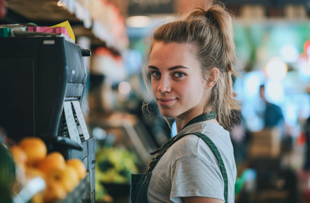 Female Shop Assistant Smiling in Grocery Storeの素材