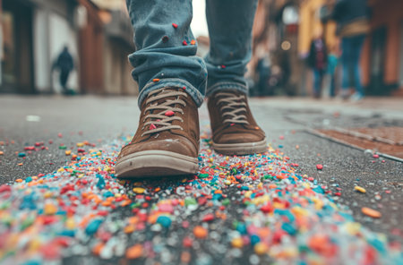 Shoe stepping into gum on sidewalkの素材