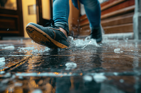 Person slipping on a wet floor during fallの素材