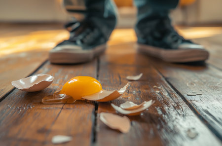 Broken egg and feet on floorの素材
