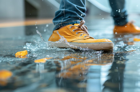Person slipping on wet surface mid-fallの素材