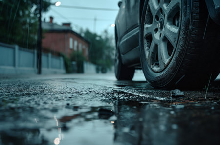 Flat tire on wet roadの素材