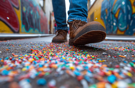 Person stepping in gum on the sidewalkの素材