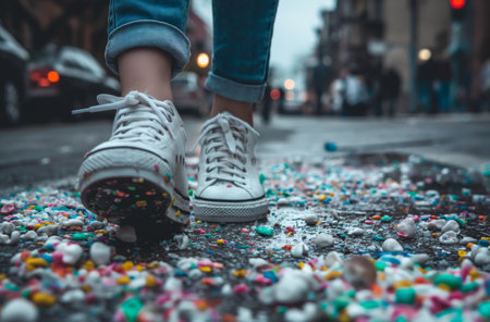 Foot stepping into gum on sidewalkの素材