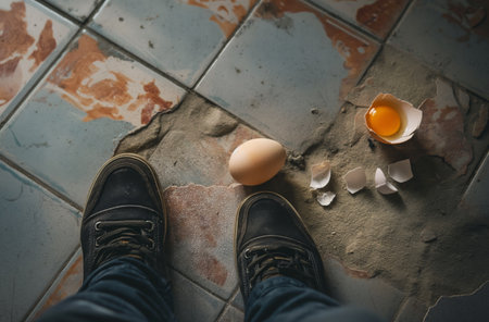 Shoes next to broken egg on floorの素材