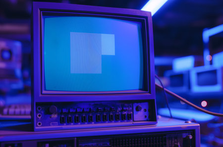 Vintage computer with blue screen errorの素材