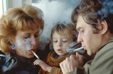 Parents smoking near child indoorsの素材