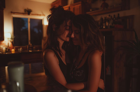Two women embracing in dimly lit kitchenの素材