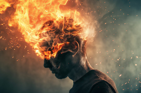 Man with head engulfed in flamesの素材