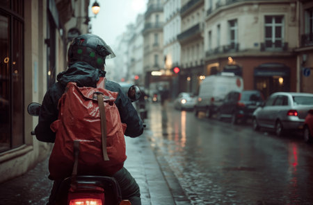 Courier on scooter in rainy city streetの素材
