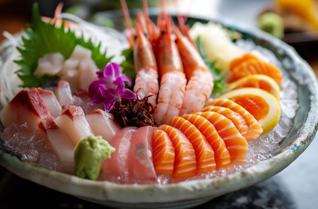 Assorted sashimi and prawns on iceの素材