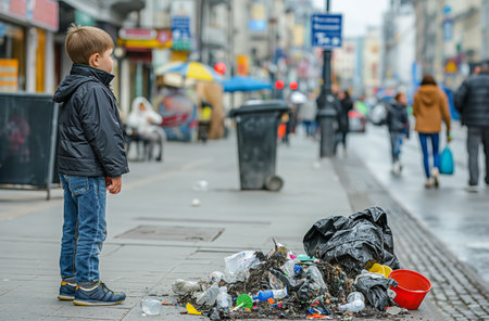 Boy in black jacket standing by street trashの素材