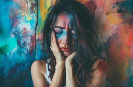 Woman with painted face feeling sadの素材