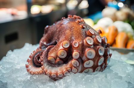 Fresh octopus on ice at seafood marketの素材