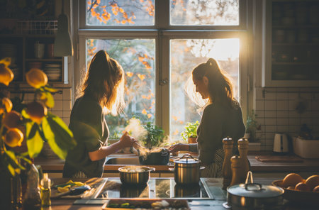 Two women cooking breakfast togetherの素材