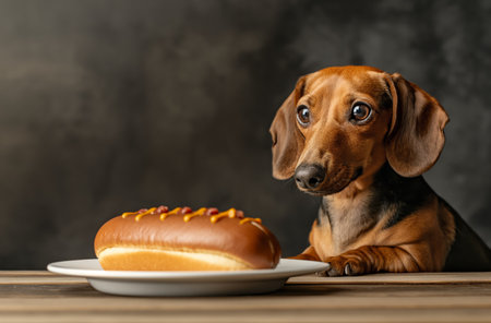 Dog looking at a hot dog with condimentsの素材