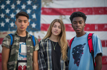 Teenagers with American flag backgroundの素材