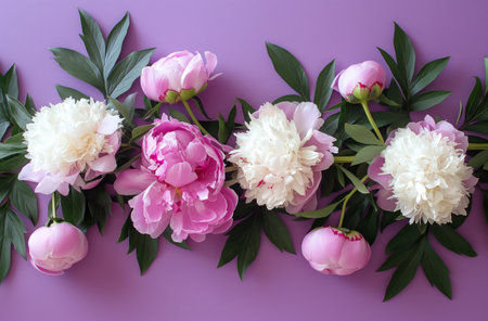 Pink and white peonies on purple backgroundの素材